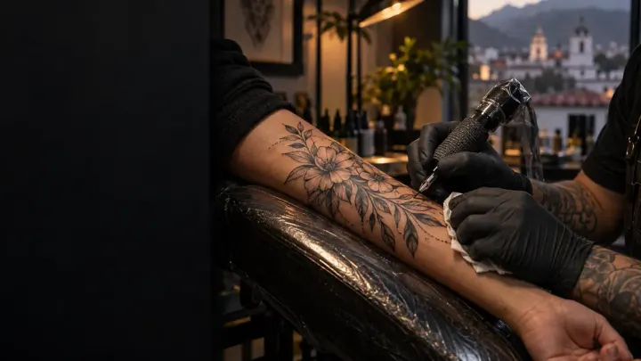 Tatuador trabajando en un diseño floral dentro del estudio